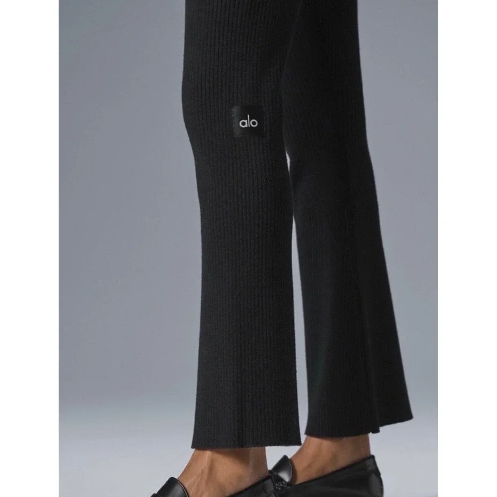 ALO Yoga Denim Knit High Waist Flare Pants Black XS Y2K Foldover Yoga Athleisure